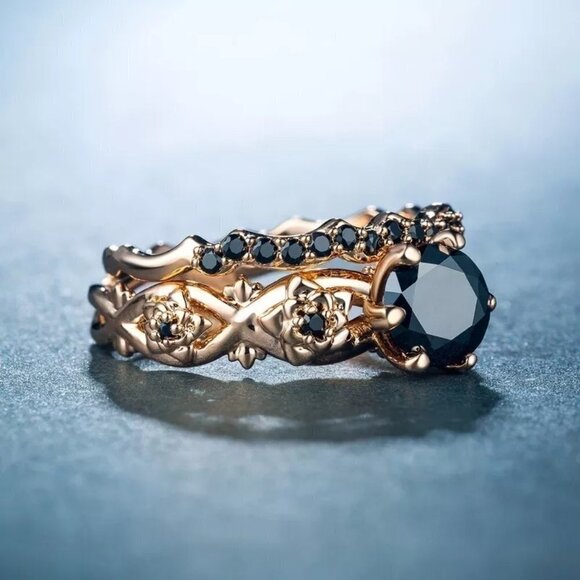 🖤  14k Gold Plated Black CZ Wedding Ring for Women, FB16FA1127 - Picture 3 of 3